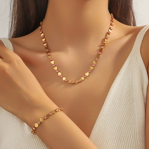 Titanium steel jewelry set with heart design and pink zircon necklace and bracelet
