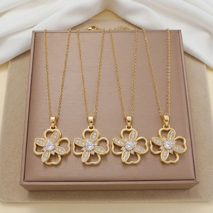 Collana Quadrifoglio a Fiore Rotante per Donna Catena in Acciaio Inossidabile Pendente Rotante in Zirconia Intarsiata in Rame Gioielli di Moda
