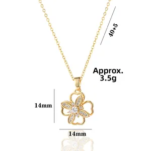 Collana quadrifoglio rotante dorata con zirconi, ciondolo 14mm, catena 40+5cm, 3.5g
