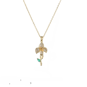 Flower Pendant Necklace Green Zircon White Pave Cubic Zirconia Titanium Steel Dainty Jewelry For Women
