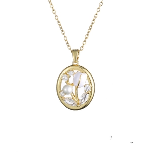 Elegant gold tulip pendant necklace with pearls and crystals on a thin titanium steel chain