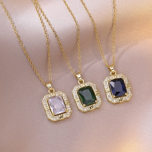 Retro Rectangle Emerald Cut Zircon Pendant Necklace For Women Titanium Steel French Vintage Style Luxury Geometric Jewelry Gift