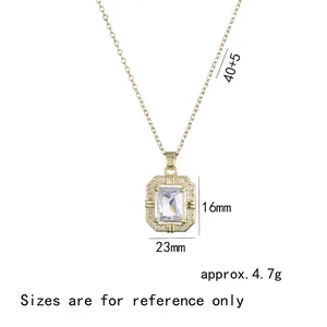 Gold titanium steel necklace with rectangular zircon pendant and sparkling crystal halo