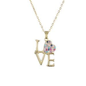 Collar dorado de moda con colgante de corazón LOVE y circonitas de colores