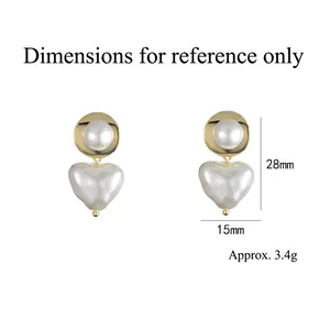 Elegant 925 silver needle heart-shaped pearl drop earrings in a gold-tone finish