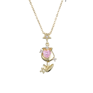 Light Luxury Titanium Steel Tulip Pendant Necklace Fashion Inlaid Rhinestone Star Heart Neck Chain Jewelry Gift For Women