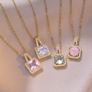 Square Zircon Pendant Necklace Titanium Steel Golden Halo Dainty Chain Minimalist Elegant Jewelry For Women