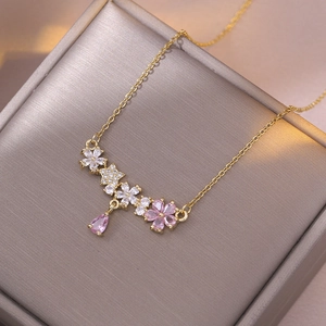 Collier Pendentif Fleur Étoile Acier Inoxydable Strass Rose Élégant Chic Bijoux De Mode Pour Femmes