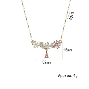 Collier doré fleurs roses et étoiles avec pendentif goutte, longueur 40+5cm