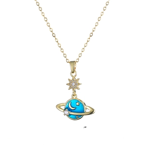 Star and blue enamel planet pendant necklace in gold finish with sparkling zircons