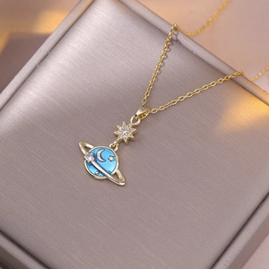 Blue Enamel Planet Saturn Pendant Necklace For Women Stainless Steel With Zircon Star Moon Celestial Jewelry Gift