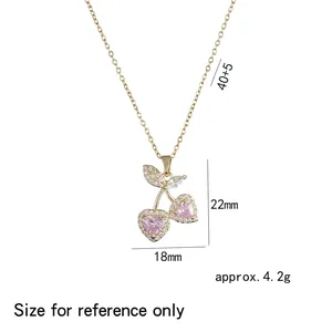Collar de cereza con circonitas de corazón rosa y cadena dorada de 40+5cm