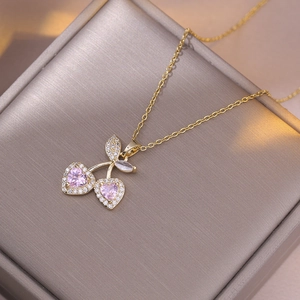 Collar Con Colgante De Cereza De Acero Inoxidable Circón Rosa En Forma De Corazón Joyería De Moda Para Mujer