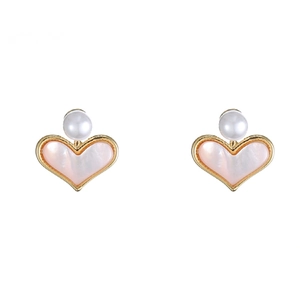French Vintage Heart Earrings Freshwater Pearl Pink Mother Of Pearl Inlay Copper With Silver Earring Post For Women