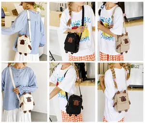 Collage of cute capybara cartoon crossbody bags in beige, black and khaki for women