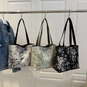Women Large Capacity Tote Bag Chinese Style Bamboo Print Casual Fashion Shoulder Bag Printed Handbag For Daily Shopping