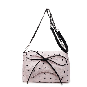 Pink bow-knot crossbody bag with 3D floral texture and silver chain shoulder strap