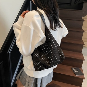 Minimalist black denim underarm bag with silver rhinestones and spacious shoulder strap
