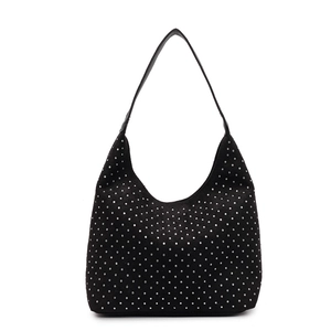 Sparkly black rhinestone crescent shoulder bag with minimalist silver studded accents