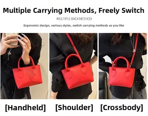 Drei Tragemöglichkeiten der roten Bucket-Bag: Handtasche, Schultertasche und Umhängetasche