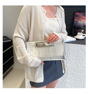 Detailed view of silver clutch bag with crocodile texture and metal handle