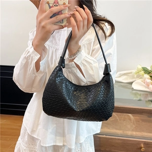 Large black woven PU leather hobo shoulder bag with a minimalist bucket shape design