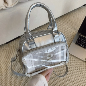 Borsa Ita In Pelle PU Argento Metallizzato Finestra In PVC Trasparente Borsa A Mano Tracolla Messenger Per Donne Ragazze