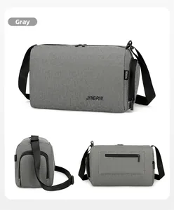 Driezijdige weergave van een grijze minimalistische crossbodytas van Oxford-stof