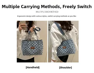 Detail of blue denim checkered tote bag showing dual carrying options and logo patch