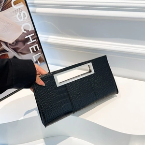 Elegant black crocodile pattern clutch bag with rectangular metal handle and minimalist design