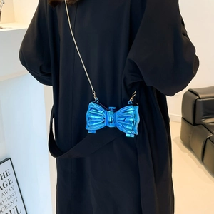 Mini metallic blue bow-shaped chain bag with luxury finish for party cross-body wear