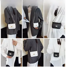 Quilted mini crossbody bags in black and white shown in a six-grid lifestyle model showcase