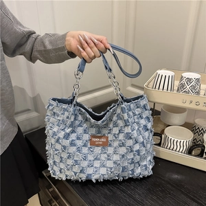 Retro Checkerboard Denim Tote Bag With Frayed Edges Metal Chain Shoulder Strap Large Capacity Fashion Casual For Women