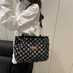 Vintage checkered tote bag with leather strap and chain for women summer 2025 fashion