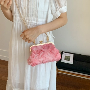 Elegant pink 3D rose flower evening clutch bag with gold chain strap for women