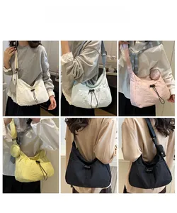 Collage of colorful pleated crossbody tote bags shown on model in various stylish colors