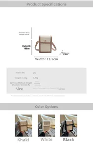 Detailed view of PU leather mini crossbody phone bag with metal logo and size specifications