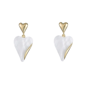 Elegant gold and white double heart drop earrings with vintage shell texture finish