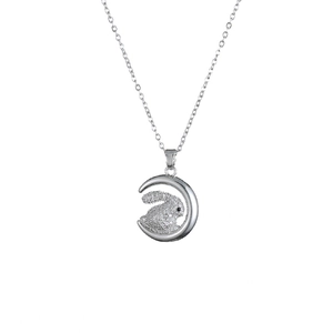 Silver rabbit moon pendant necklace with white zircons on a delicate titanium steel chain