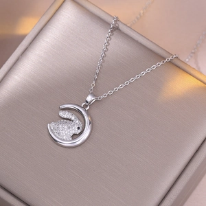 Crescent Moon Rabbit Pendant Necklace Titanium Steel Chain With Zircon Inlaid Copper Trendy Fashion For Women