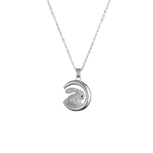 Silver bunny moon necklace with sparkling crystals on a minimalist link chain