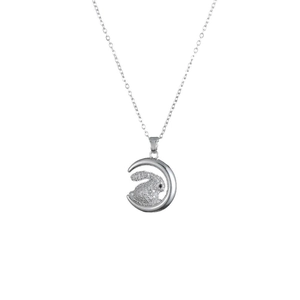 Silver crescent moon and rabbit necklace with sparkling crystals on fine chain link