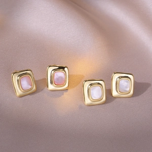 Geometric Square Stud Earrings Shell Inlay Copper With 925 Sterling Silver Earring Post French Retro Style Women