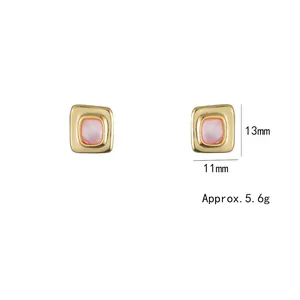 Square geometric earrings with pink shell inlay and gold metal base 13mm x 11mm