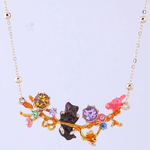 Golden forest bear necklace with colorful crystals and enamel branch pendant for women