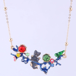 Garden style bear necklace with colorful rhinestones and blue enamel branches