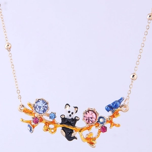 Forest style panda and bird necklace with colorful rhinestones on golden chain