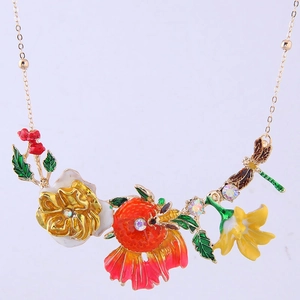Elegant floral dragonfly pendant necklace with yellow enamel flower and golden chain
