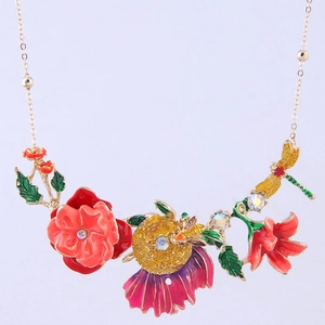 Enamel Flower Necklace Alloy Dragonfly Bee Pendant Bohemian Colorful Rhinestone Pastoral Style Jewelry For Women