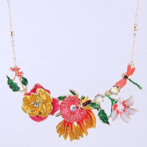 Floral enamel necklace with colorful flowers, bees and dragonflies on golden chain